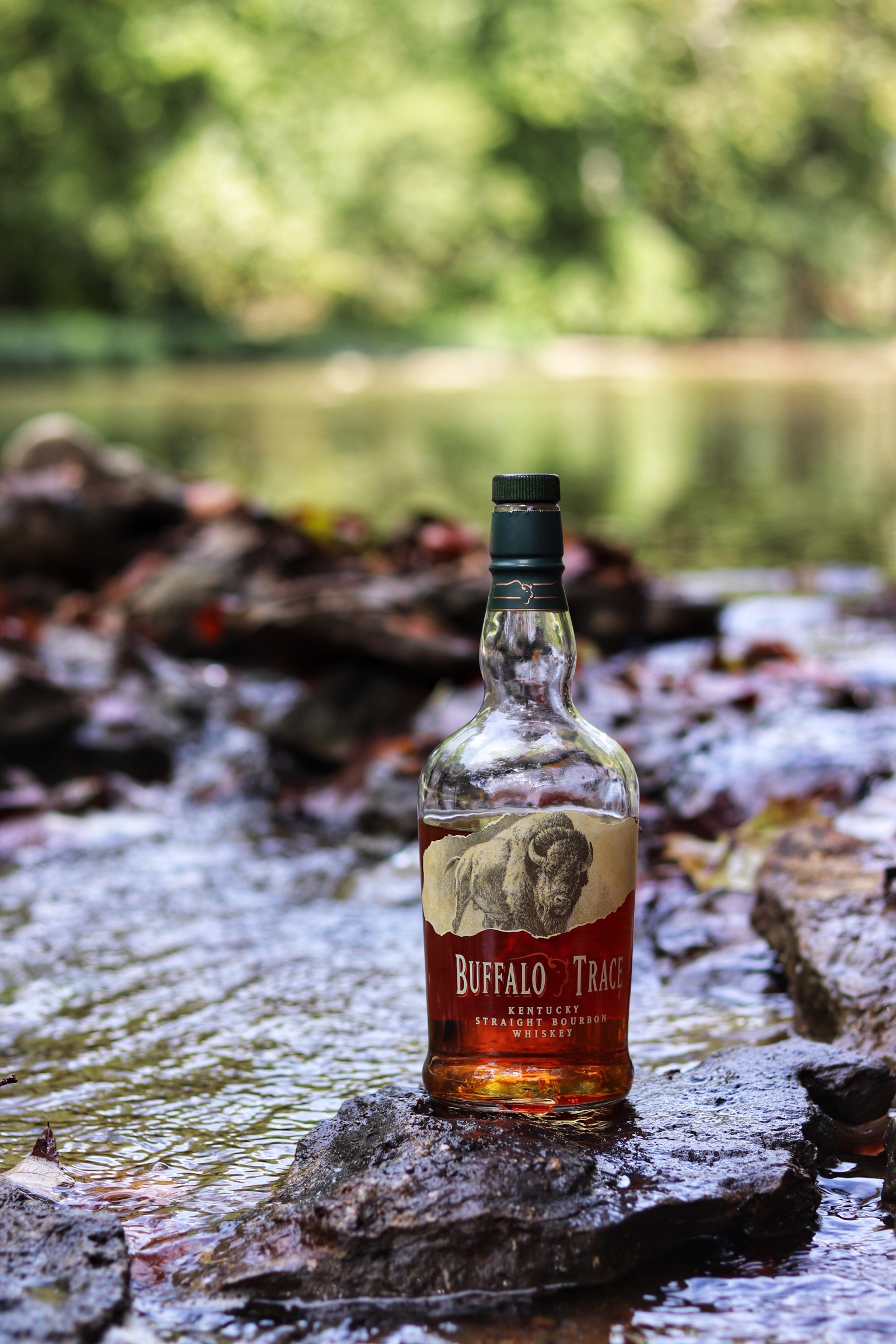 bourbon bottle in a stream in fall