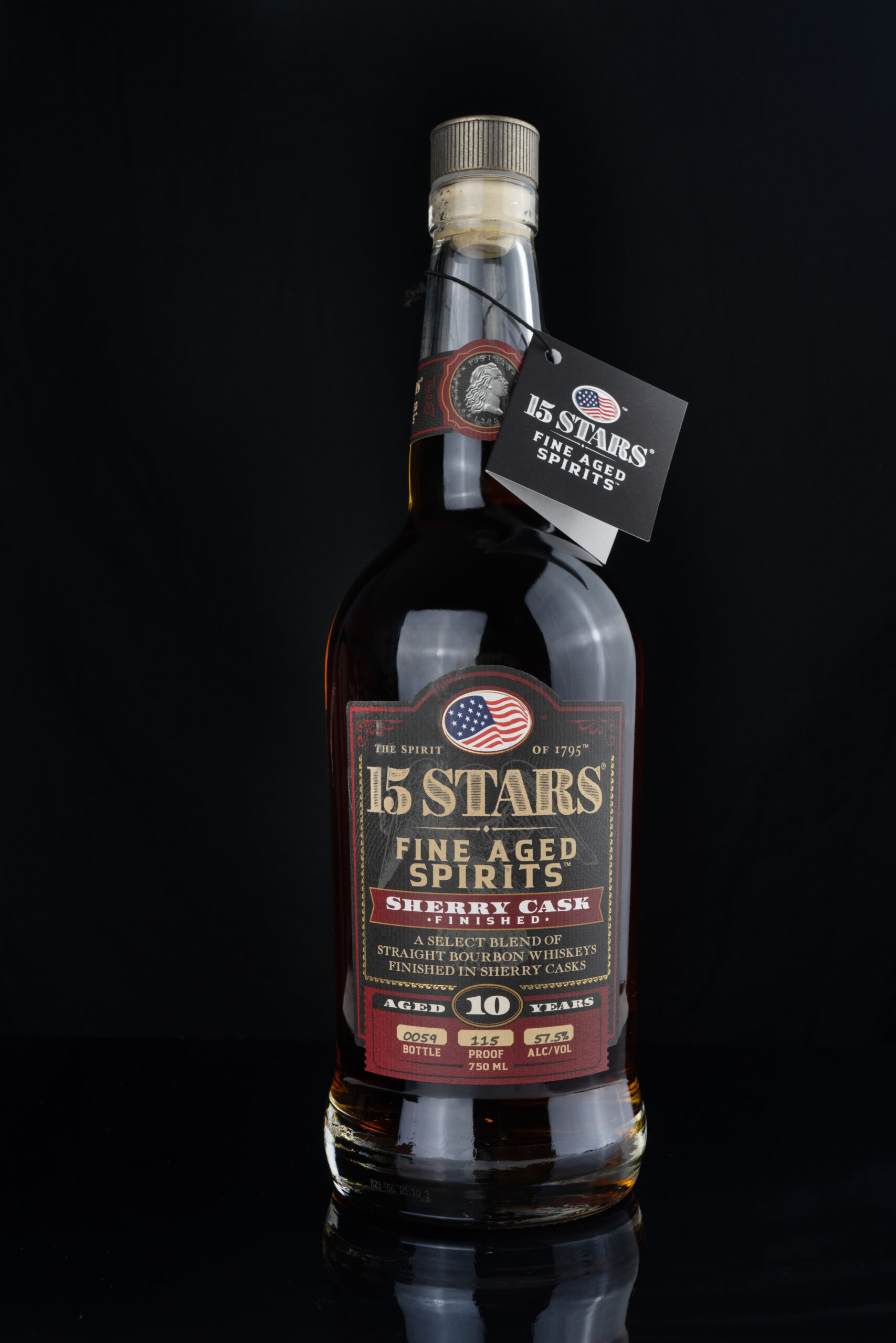 A bottle of 15 STARS Sherry Cask Finish against a black background.