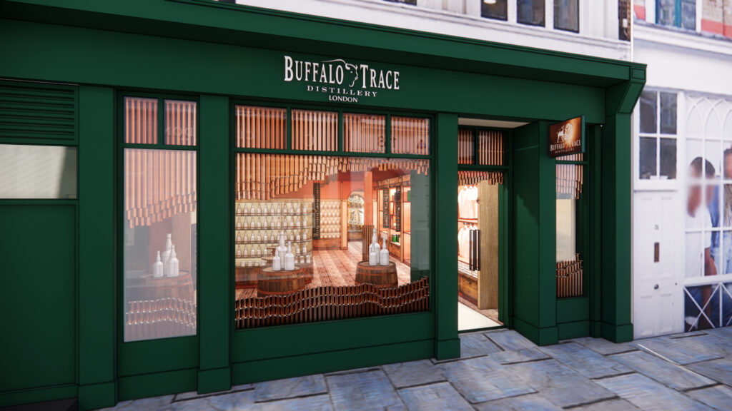 A rendering of a green storefront in London for Buffalo Trace Distillery