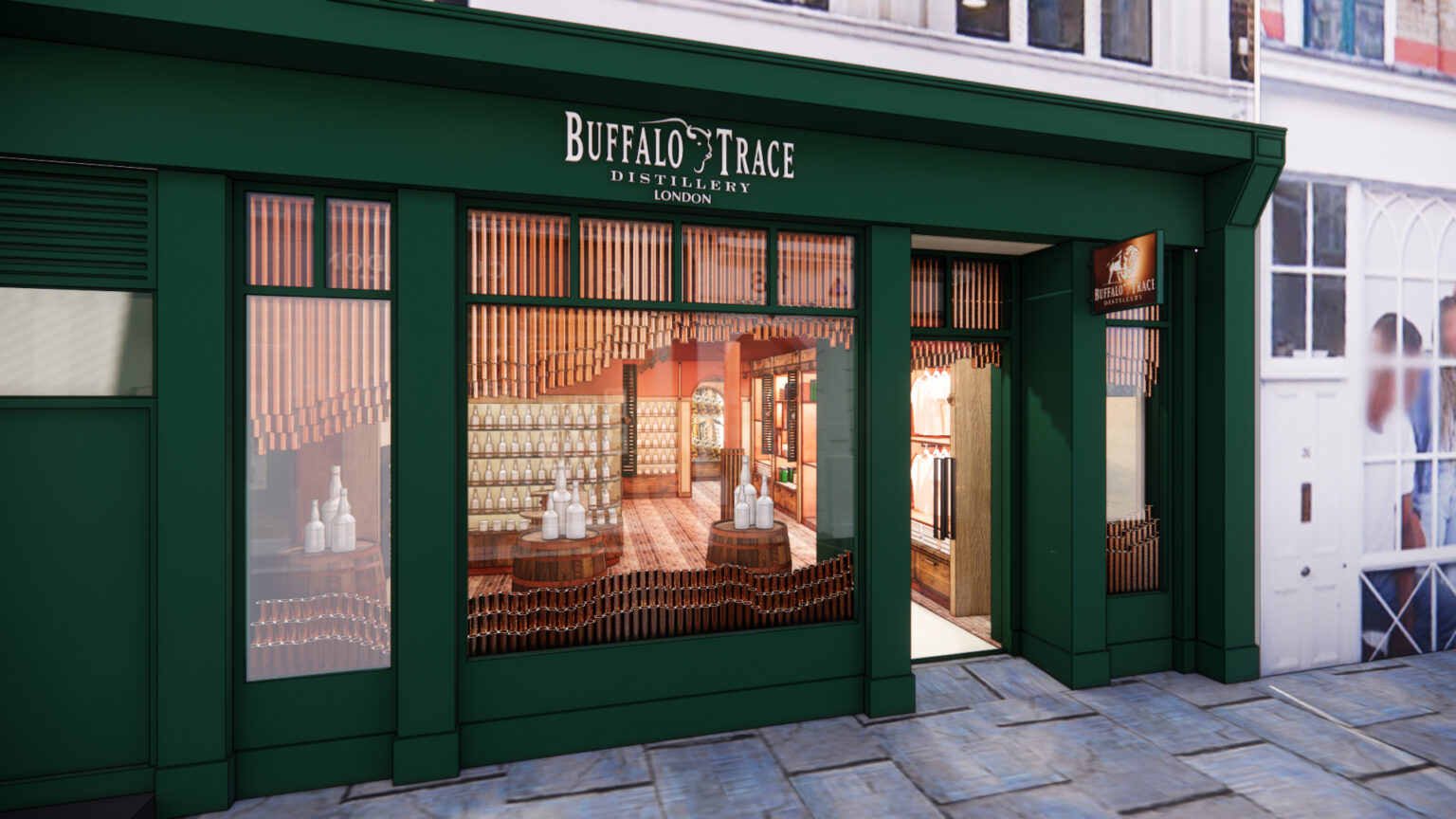 A rendering of a green storefront in London for Buffalo Trace Distillery
