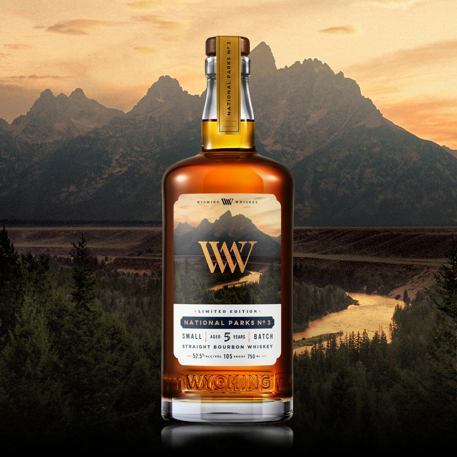 Wyoming Whiskey National Parks No. 3 with national park background.