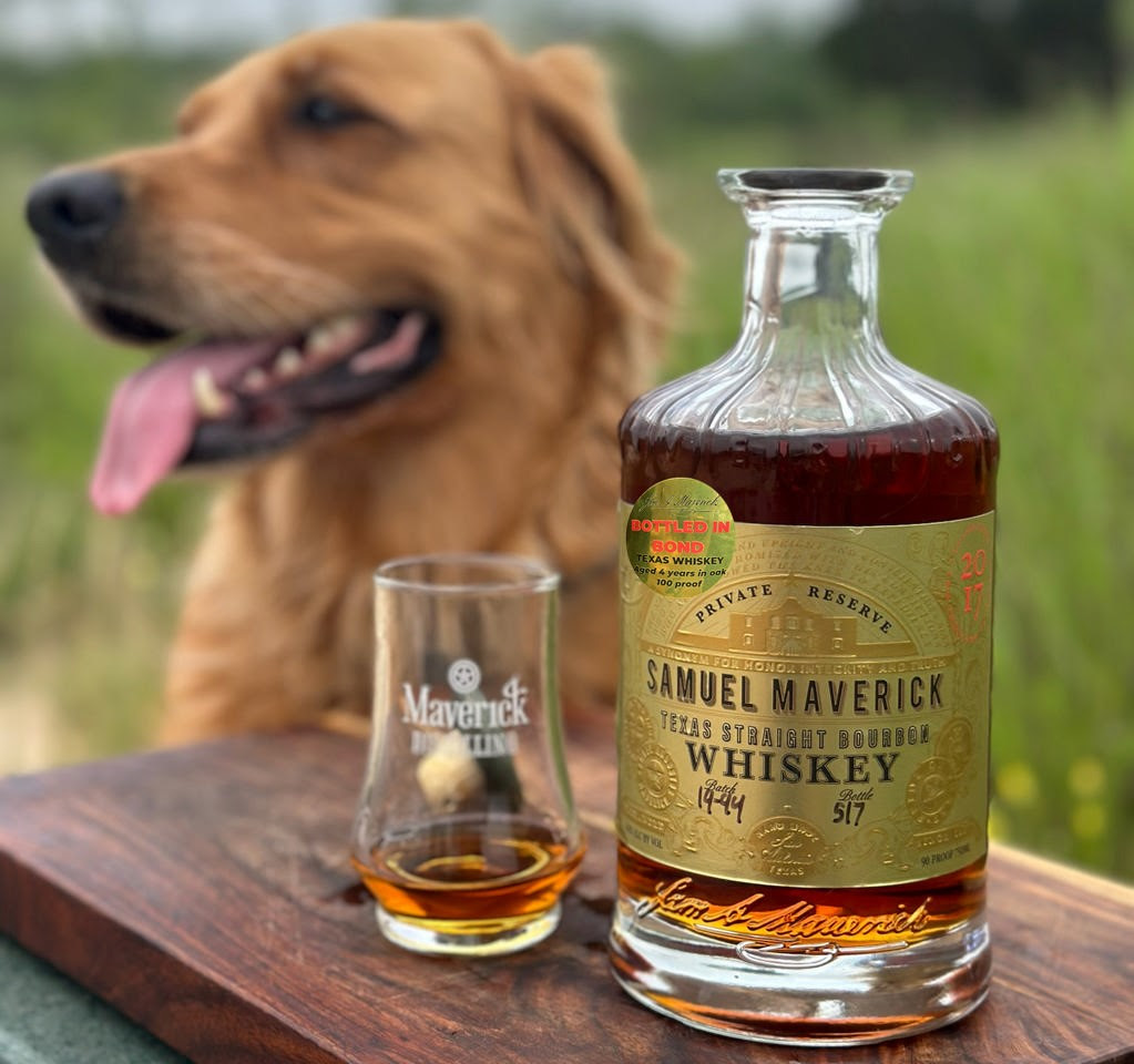 Samuel Maverick Private Reserve Bottled in Bond Bourbon," "Maverick Distilling," "Texas bourbon," and "grain-to-glass whiskey,"