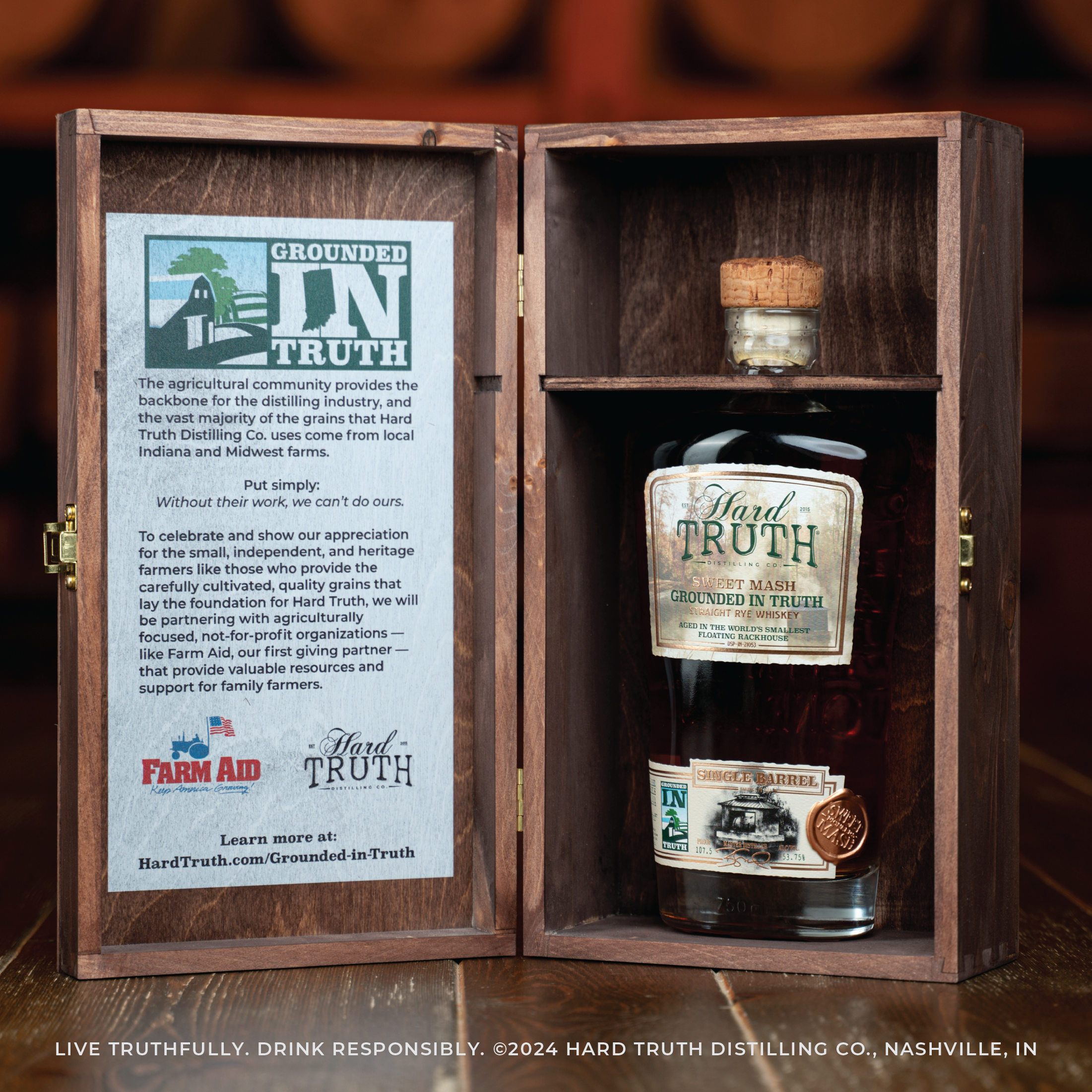 Hard Truth Sweet Mash Rye Whiskey in a Box raffle for Farm Aid Awareness