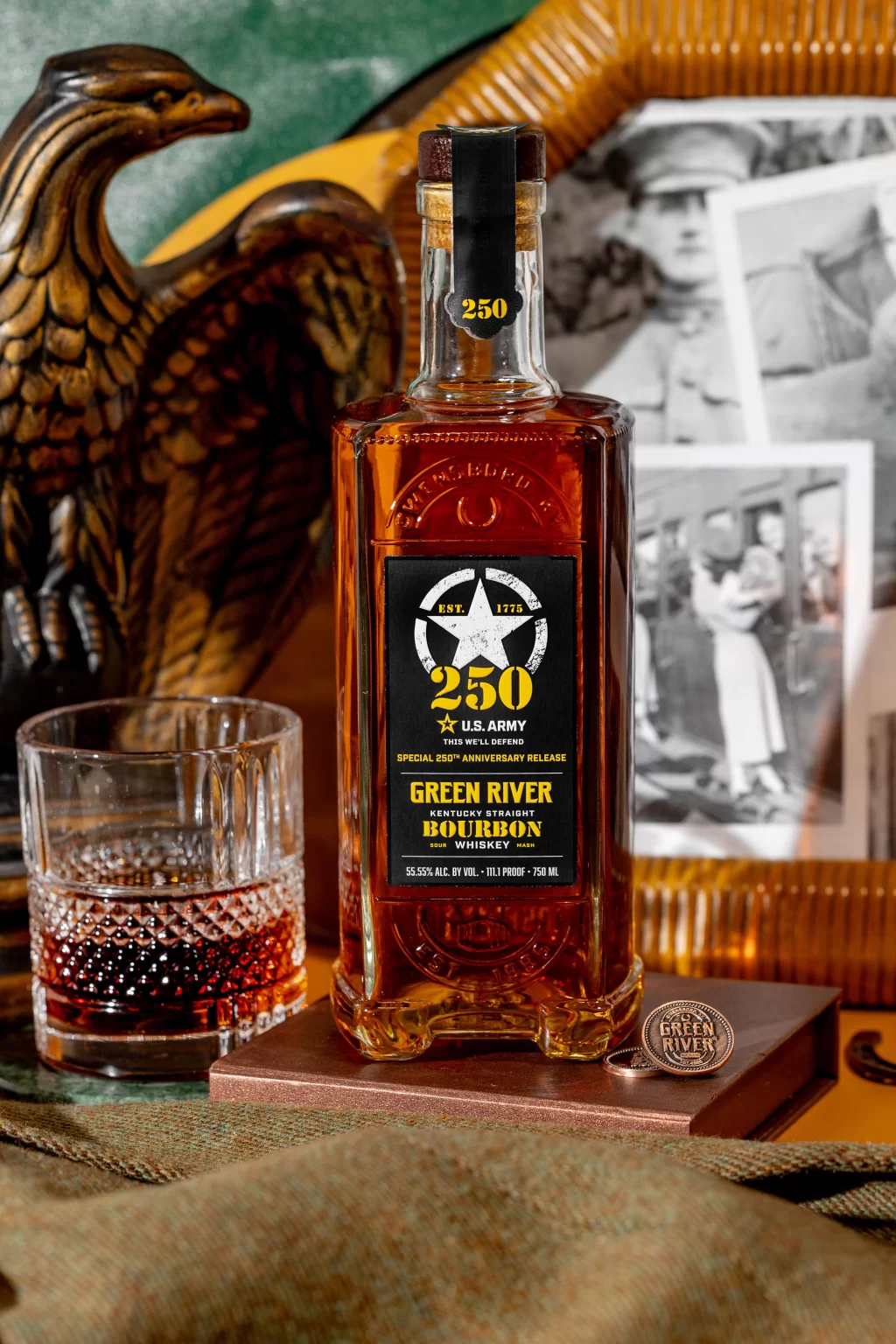 Bottle with pictures and glass around it