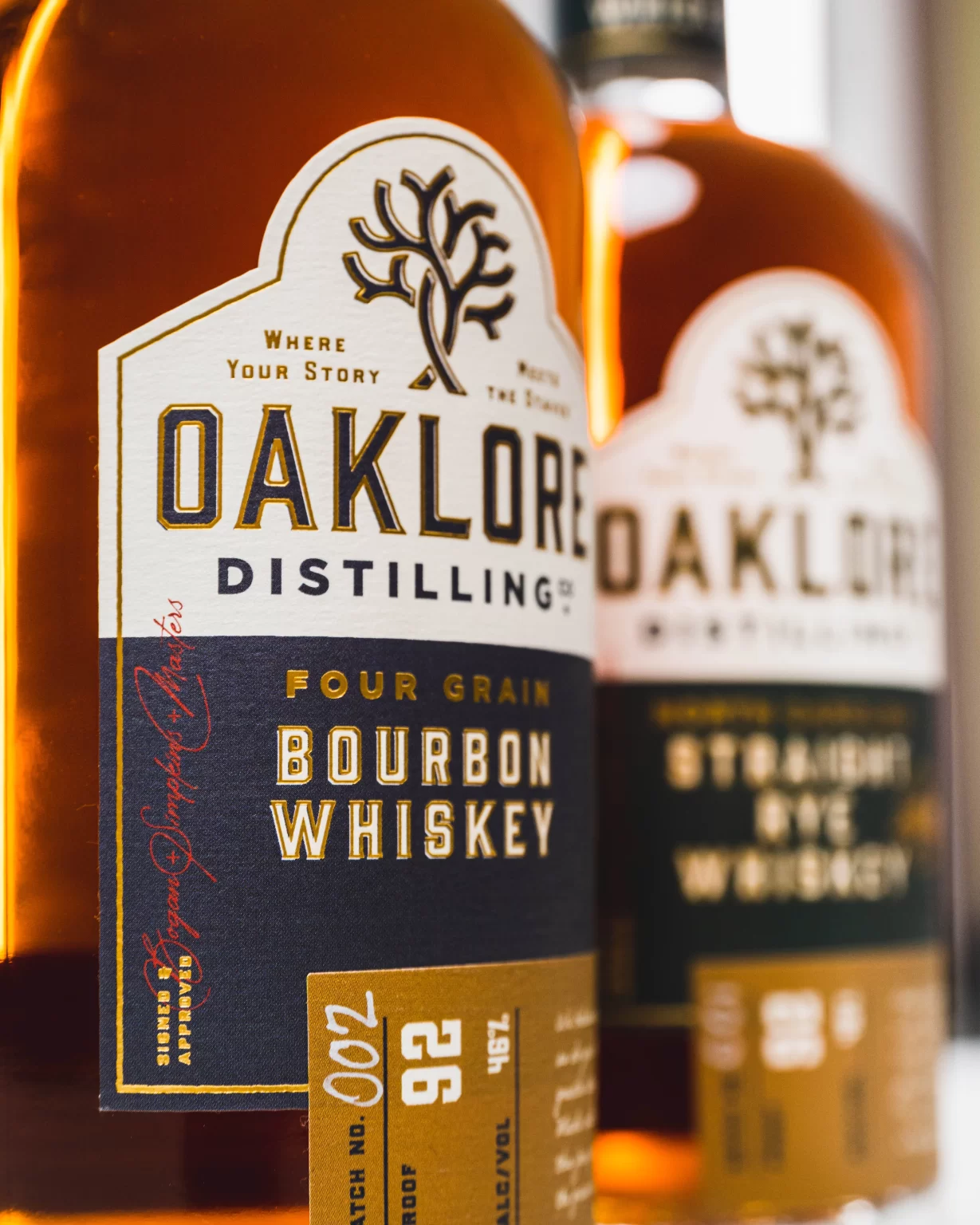 Oaklore Four Grain Bourbon bottle, North Carolina craft whiskey