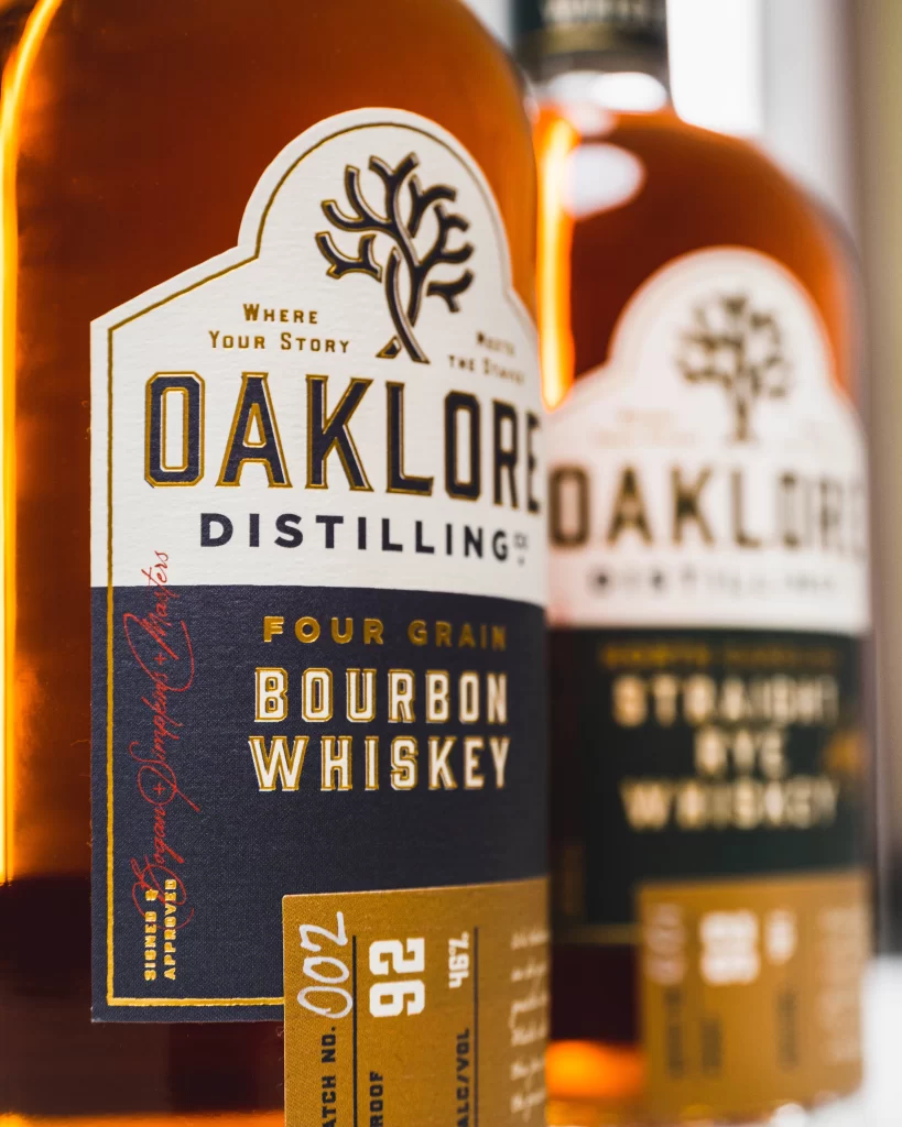 Oaklore Four Grain Bourbon bottle, North Carolina craft whiskey