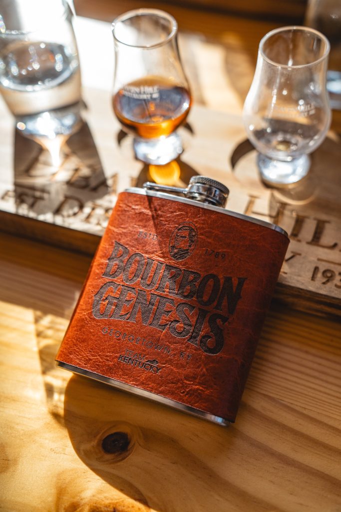 Bourbon Genesis Flask with glassware.