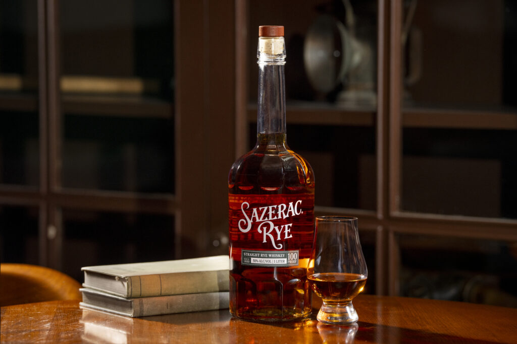 Sazerac Rye Whiskey 100 Proof with books in the background
