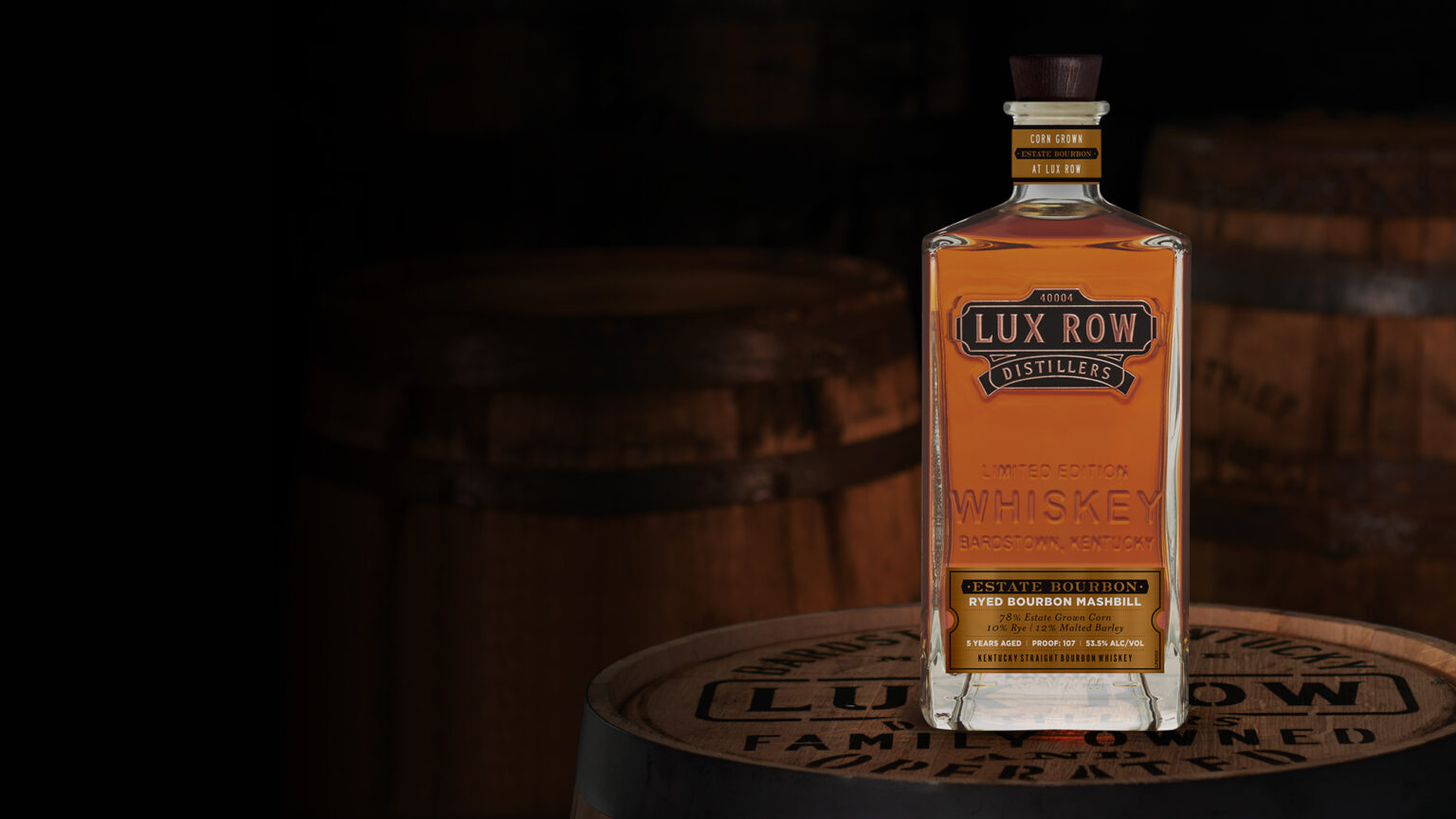 Lux Row Estate Bourbon on a barrel